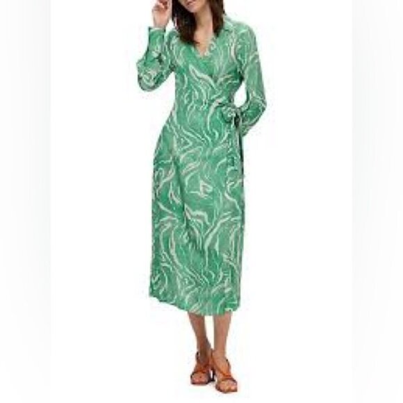 Selected Femme Long-Sleeve Marble-Print Midi Wrap Dress Sz 38/ 8 - Picture 1 of 12